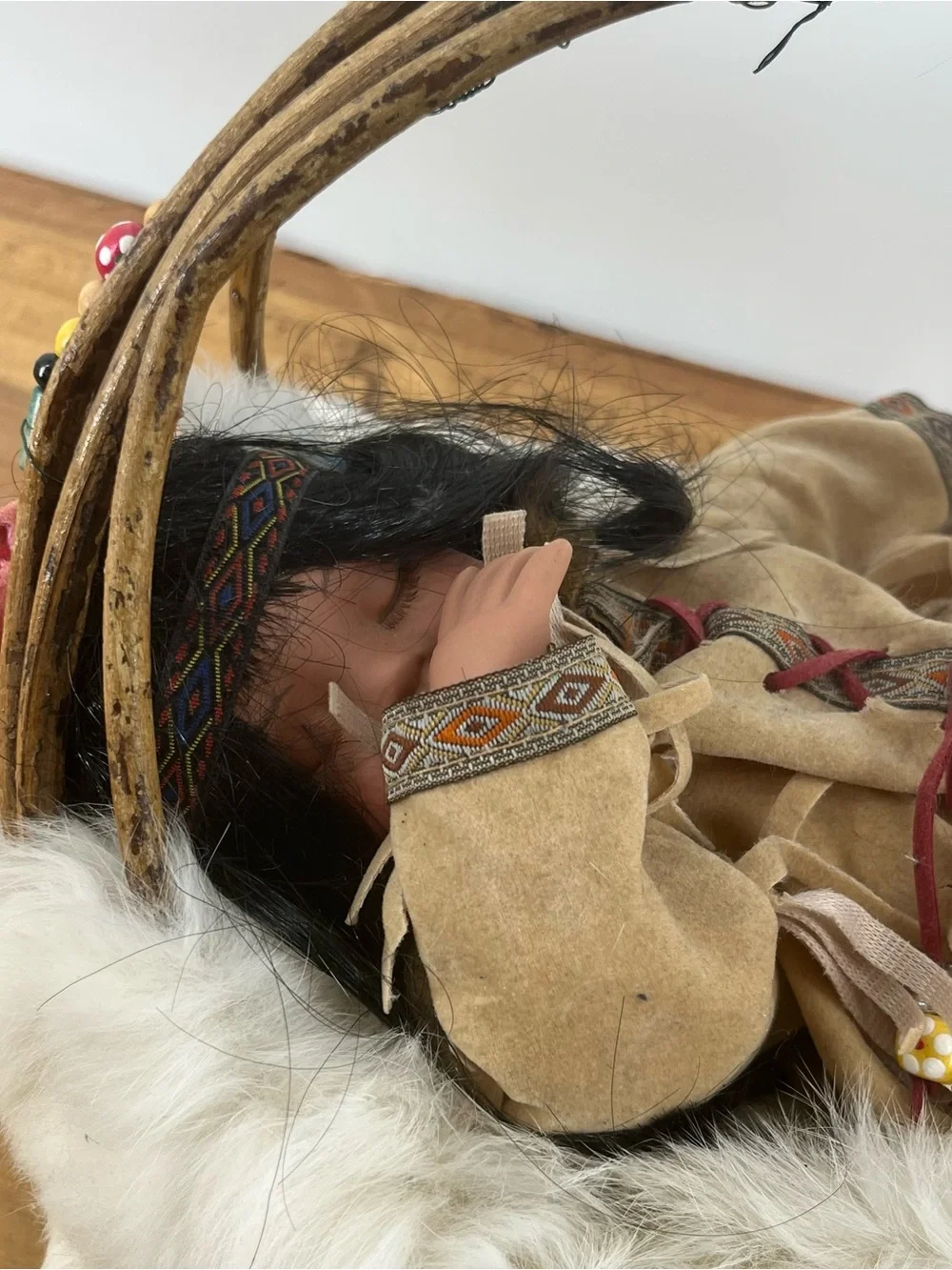 Indian Doll White Fur Basket Bag with Beaded Handle Baby In Tassels